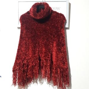 Red Cejon chenille Turtleneck Poncho Small